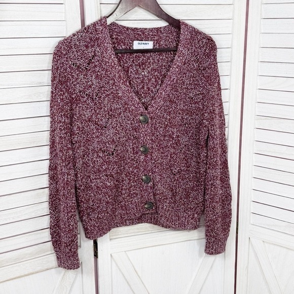 Old Navy Marled‎ Pointelle Knit V Neck Crop Cardigan Sweater Burgundy Red Small - Picture 9 of 14